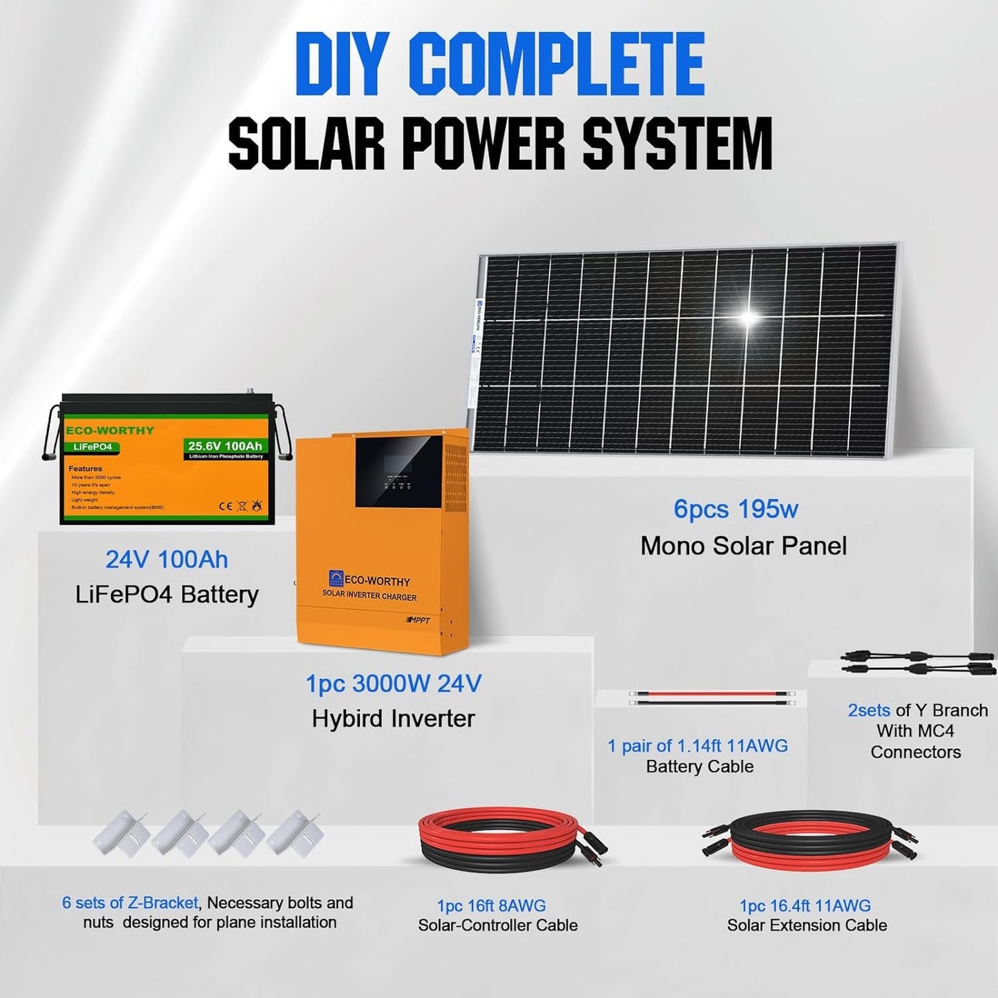 4.8KWH Solar Power Complete Kit 1200W 24V with Lithium Battery and Inverter for Home: 6Pcs 195W Bifacial Solar Panel + 1Pc 25.6V 100Ah Li-Battery + 3000W MPPT Hybrid Charger Inverter