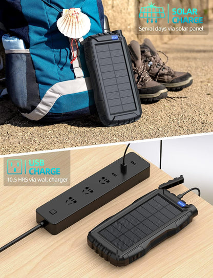 Power-Bank-Solar-Charger - 42800Mah Portable Charger,Solar Power Bank,External Battery Pack 5V3.1A Qc 3.0 Fast Charger Built-In Super Bright Flashlight (Deep Black)