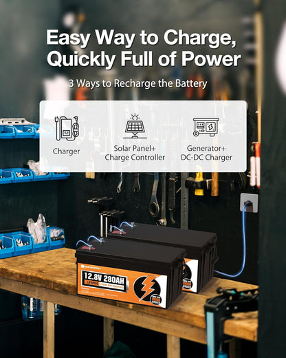 12V 280Ah 2 Pack Lifepo4 Lithium Battery, 6000+ Deep Cycles Lithium Iron Phosphate, 7168Wh Energy, Support in Series/Parallel, for RV, Off-Grid, Solar Power System, Home Backup, UPS, Marine