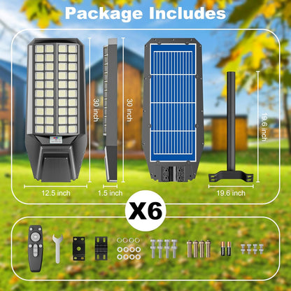 6-Pack 24000W Solar Street Light - 1800000 Lumens, Dusk-To-Dawn, Waterproof, Ideal for Commercial & Outdoor Parking Lots - Energy-Efficient Solar-Powered, 3-Year Warranty