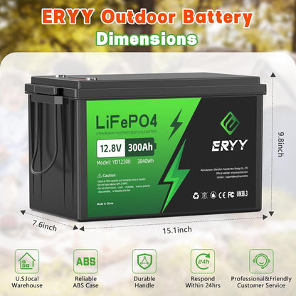 12V 300Ah Lifepo4 Lithium Battery, 3840Wh Deep Cycle Battery, 200A BMS, Max 15000 Cycles, Perfect for RV, Golf Carts, Camping, Solar Energy Storage, Off-Grid, Fishing Trolling Motor, Boat, Marine
