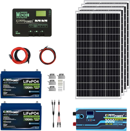 2.5KWH 12V Solar Power Kit | Lifepo4 12V 100Ah, 400W MONO Solar Panels, 30A MPPT Solar Charge Controller, 3KW Pure Sine Wave Inverter Charger | RV, Trailer, Camper, Marine, off Grid