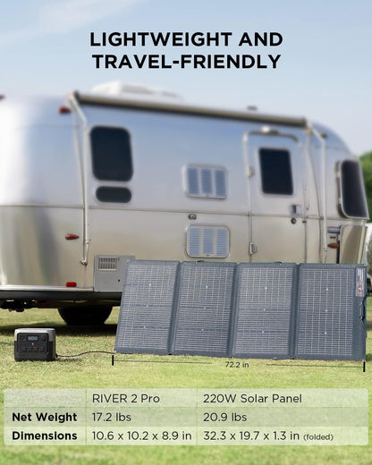 Solar Generator RIVER 2 Pro 768Wh Lifepo4 Battery with 220W Solar Panel, 4X800W AC Outlets (1600W Surge), Portable Power Station for Home Backup Outdoors Camping RV Emergency