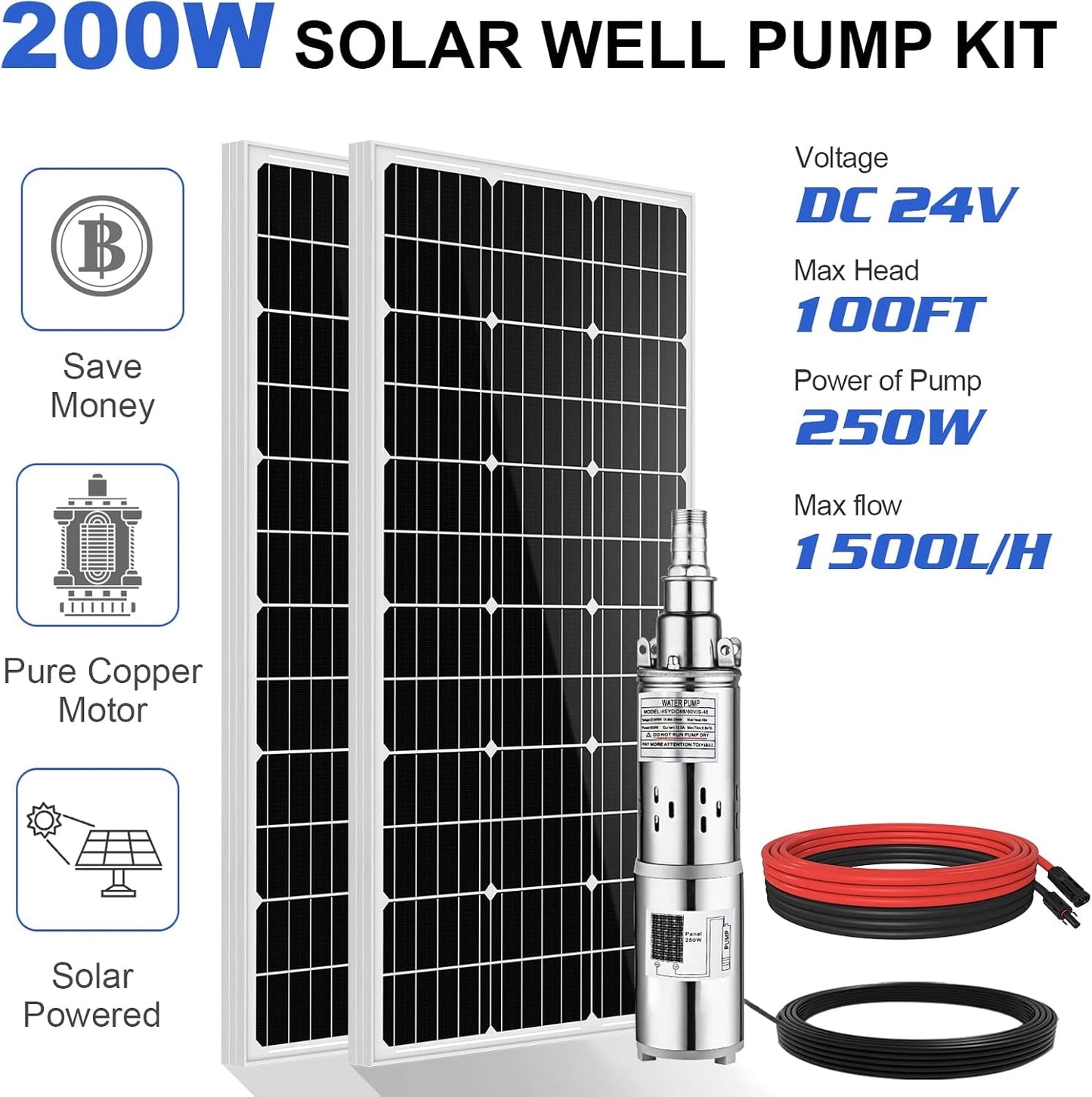 Solar Power Water Pump System, 24V 3'' Solar Deep Well Pump with 200W Solar Panel and 16Ft Extension Cable for Remote Watering, Garden, Farm Irrigation, Tank Filling