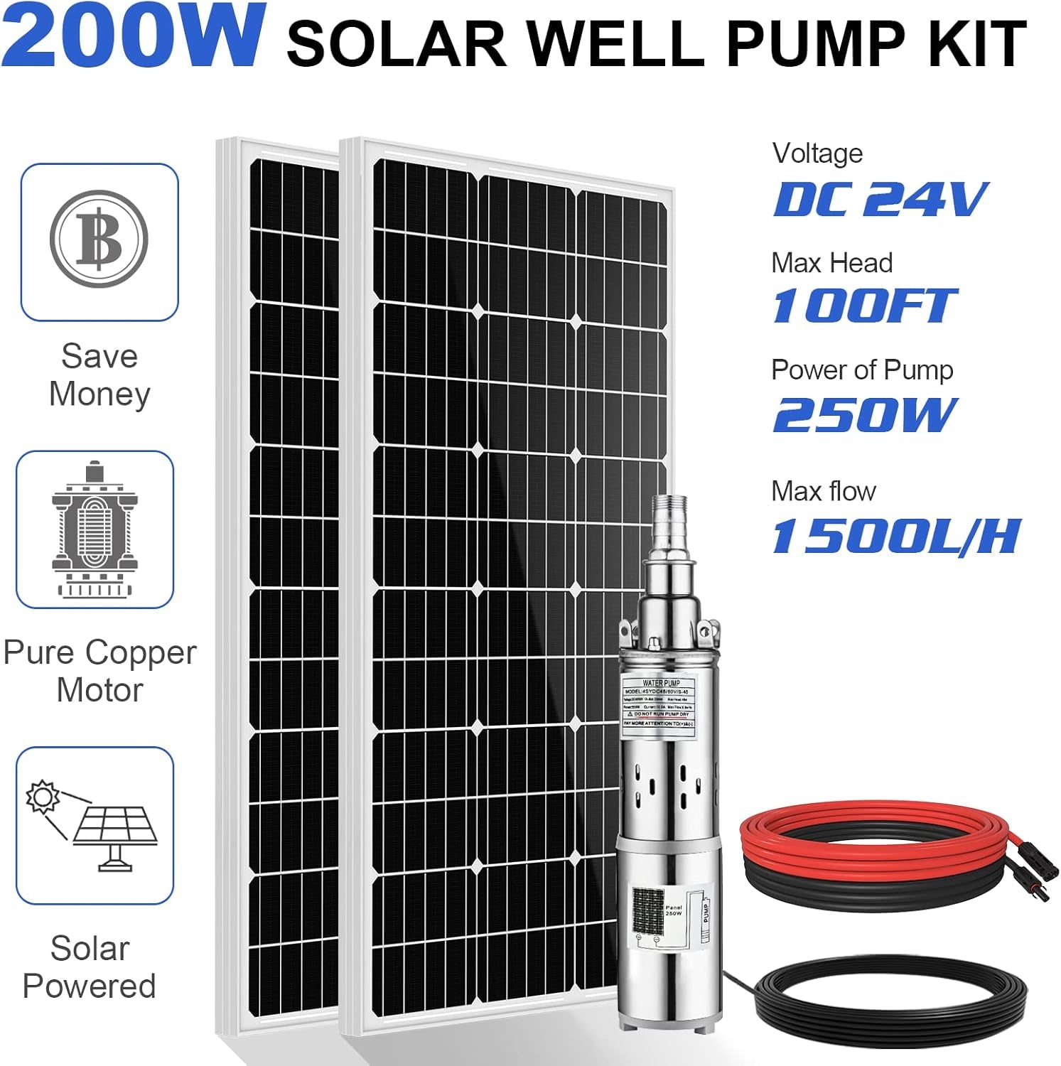 Solar Power Water Pump System, 24V 3'' Solar Deep Well Pump with 200W Solar Panel and 16Ft Extension Cable for Remote Watering, Garden, Farm Irrigation, Tank Filling