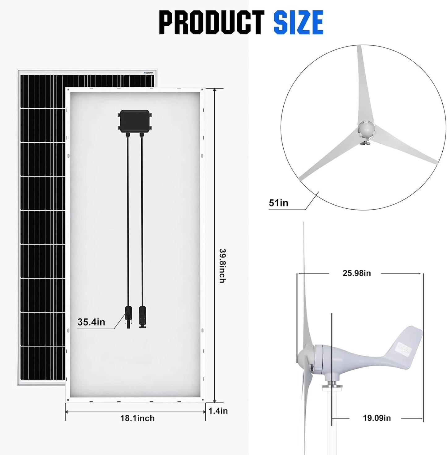1000W 4KWH Solar Wind Power Kit: 1*400W Wind Turbine + 6*100W Solar Panel + 2*12V 100Ah Lithium Battery + 1*24V 3000W Inverter for Home/Rv/Boat/Farm/Street Light and Off-Grid Appliances