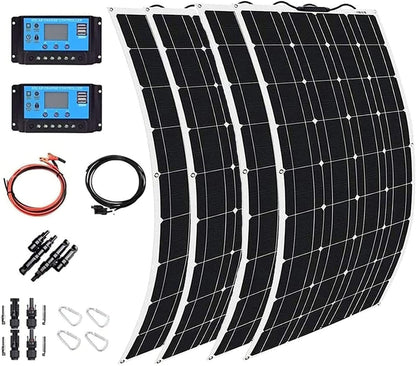 400W 600W 800W 1200W Solar System Kit,Flexible Monocrystalline Solar Panel Photovoltaic Module with 40A Solar Charge Controller for 12-24V Battery Charging Car Battery Camper RV Yacht Boat,4X300W