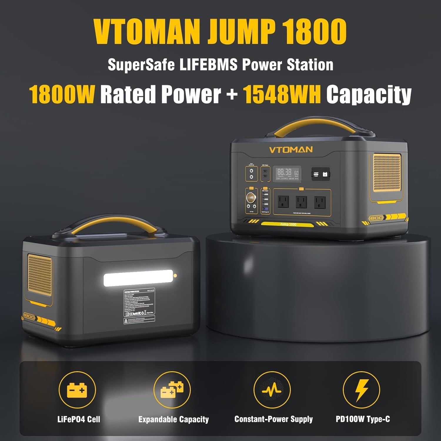 Jump 1800 Solar Generator with 400W Panels Included, 1800W/1548Wh Lifepo4 Power Station with 1800W Constant-Power, Regulated 12V DC, PD 100W Type-C for Home Backup & Rv/Van Camping(2 Parcels)