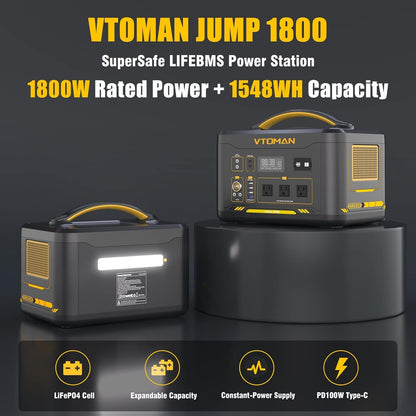 Jump 1800 Solar Generator with 400W Panels Included, 1800W/1548Wh Lifepo4 Power Station with 1800W Constant-Power, Regulated 12V DC, PD 100W Type-C for Home Backup & Rv/Van Camping(2 Parcels)
