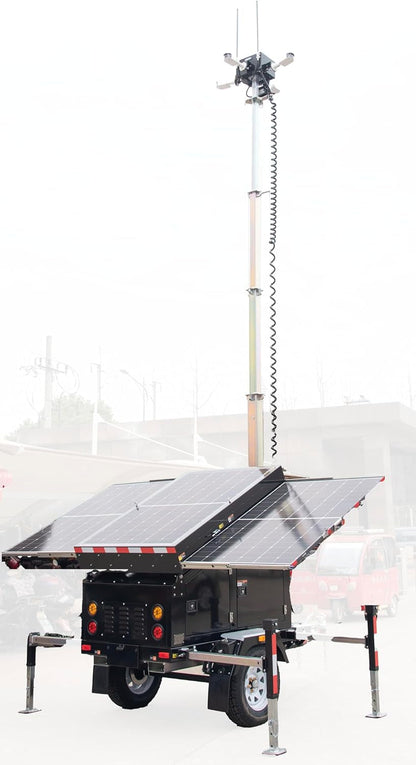 Mobile Solar Powered CCTV Tower with Hybrid System, 3X 435W Solar Panels, 6X150Ah GEL Batteries, Liquid-Propelled Trailer Mount