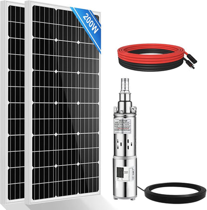 Solar Power Water Pump System, 24V 3'' Solar Deep Well Pump with 200W Solar Panel and 16Ft Extension Cable for Remote Watering, Garden, Farm Irrigation, Tank Filling