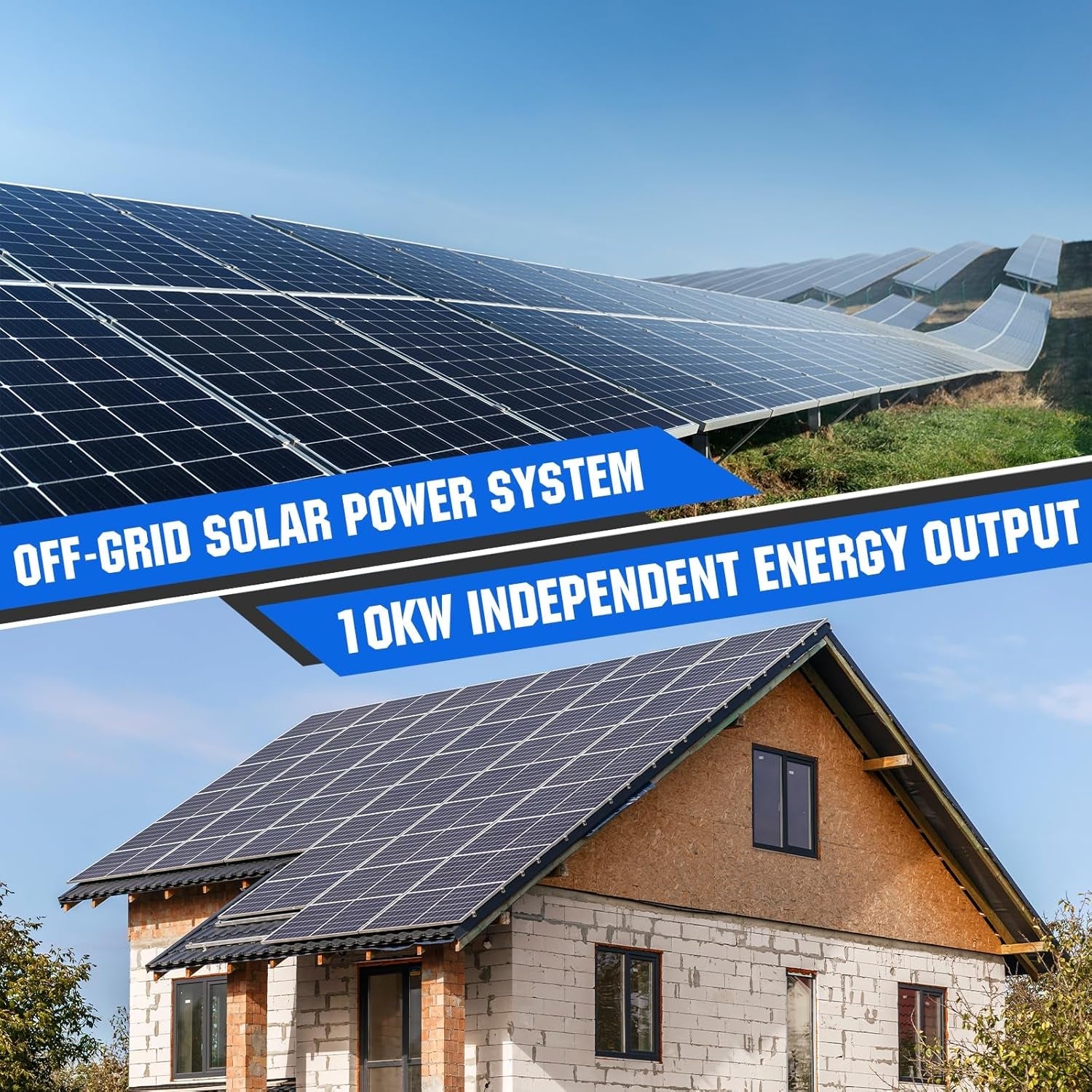 10KW Home Off-Grid Solar Power System: 10KW 120V/240V Output Inverter （2 * 5000W）+ 40Kwh 9840W Solar Panel (12 * 410W)+ 28.67Kwh Lithium Battery Bank (8 * 280Ah)，Complete Hybrid Solar Kit