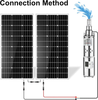 Solar Power Water Pump System, 24V 3'' Solar Deep Well Pump with 200W Solar Panel and 16Ft Extension Cable for Remote Watering, Garden, Farm Irrigation, Tank Filling