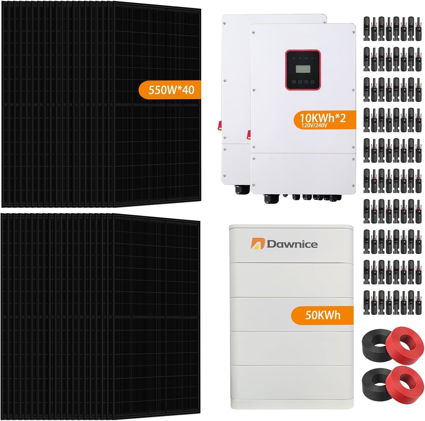 20KW Hybrid Solar System Complete Kit 5 PCS 51.2V 206Ah Lifepo4 Battery 52.7Kwh Battery 550W Solar Panels 40PCS Bifacial 22000W 2 Sets 10KW Split Phase Inverter with MPPT Controller 120V/240V UL1741