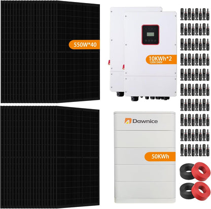 20KW Hybrid Solar System Complete Kit 5 PCS 51.2V 206Ah Lifepo4 Battery 52.7Kwh Battery 550W Solar Panels 40PCS Bifacial 22000W 2 Sets 10KW Split Phase Inverter with MPPT Controller 120V/240V UL1741