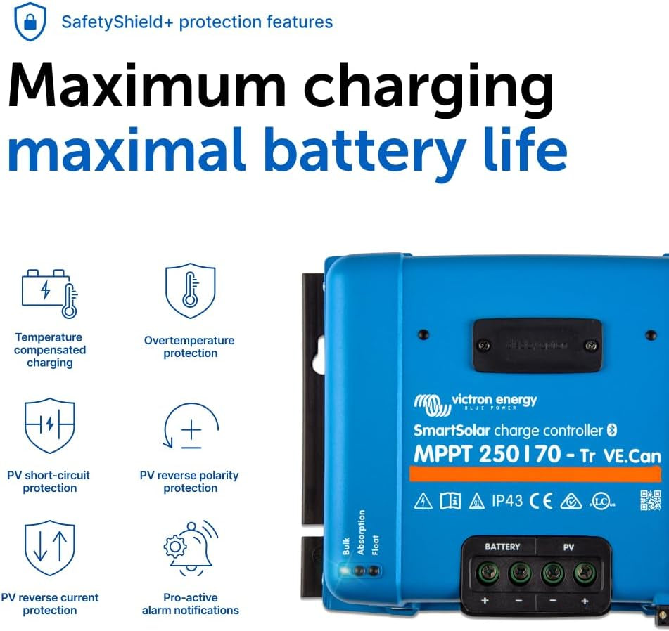 Smartsolar MPPT Tr VE. Can Solar Charge Controller (Bluetooth) - Charge Controllers for Solar Panels - 250V, 70 Amp, 12/24/36/48-Volt
