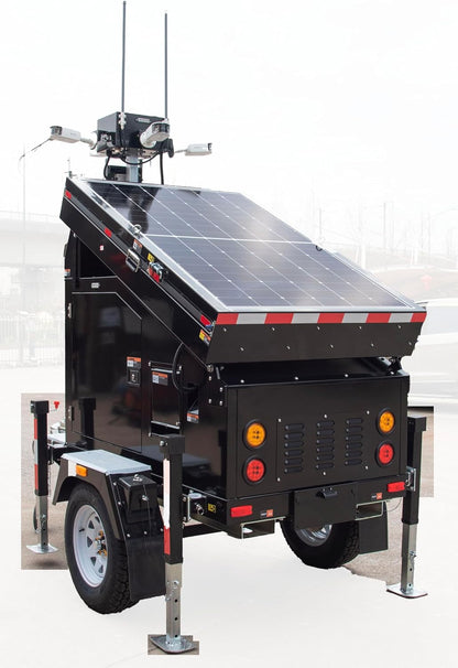 Mobile Solar Powered CCTV Tower with Hybrid System, 3X 435W Solar Panels, 6X150Ah GEL Batteries, Liquid-Propelled Trailer Mount