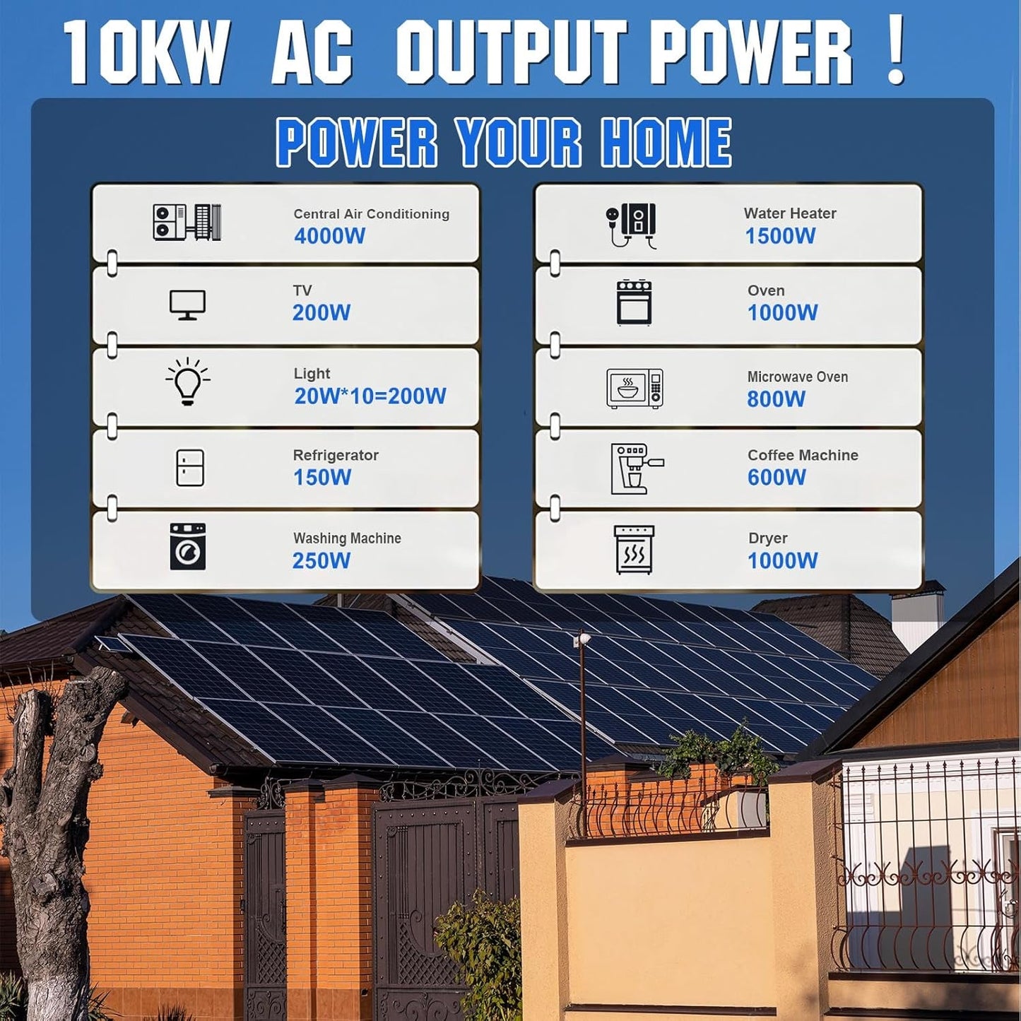 10KW Home Off-Grid Solar Power System: 10KW 120V/240V Output Inverter （2 * 5000W）+ 40Kwh 9840W Solar Panel (12 * 410W)+ 28.67Kwh Lithium Battery Bank (8 * 280Ah)，Complete Hybrid Solar Kit