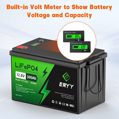 12V 300Ah Lifepo4 Lithium Battery, 3840Wh Deep Cycle Battery, 200A BMS, Max 15000 Cycles, Perfect for RV, Golf Carts, Camping, Solar Energy Storage, Off-Grid, Fishing Trolling Motor, Boat, Marine