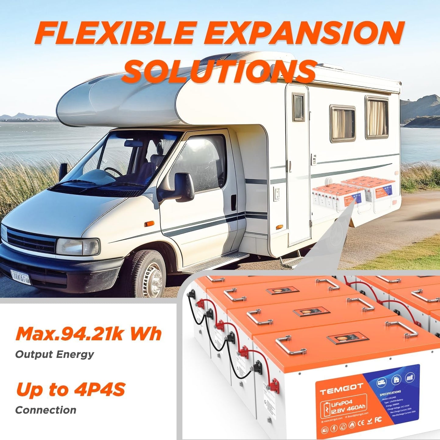 12V 460Ah Lifepo4 Lithium Battery with Touchable Screen, APP Monitoring, Built-In 250A BMS, Max. 3200W Load Power, 5880Wh Usable Energy, 5000+ Cycles, Perfect for Rv/Camper, Solar, and Off-Grid.