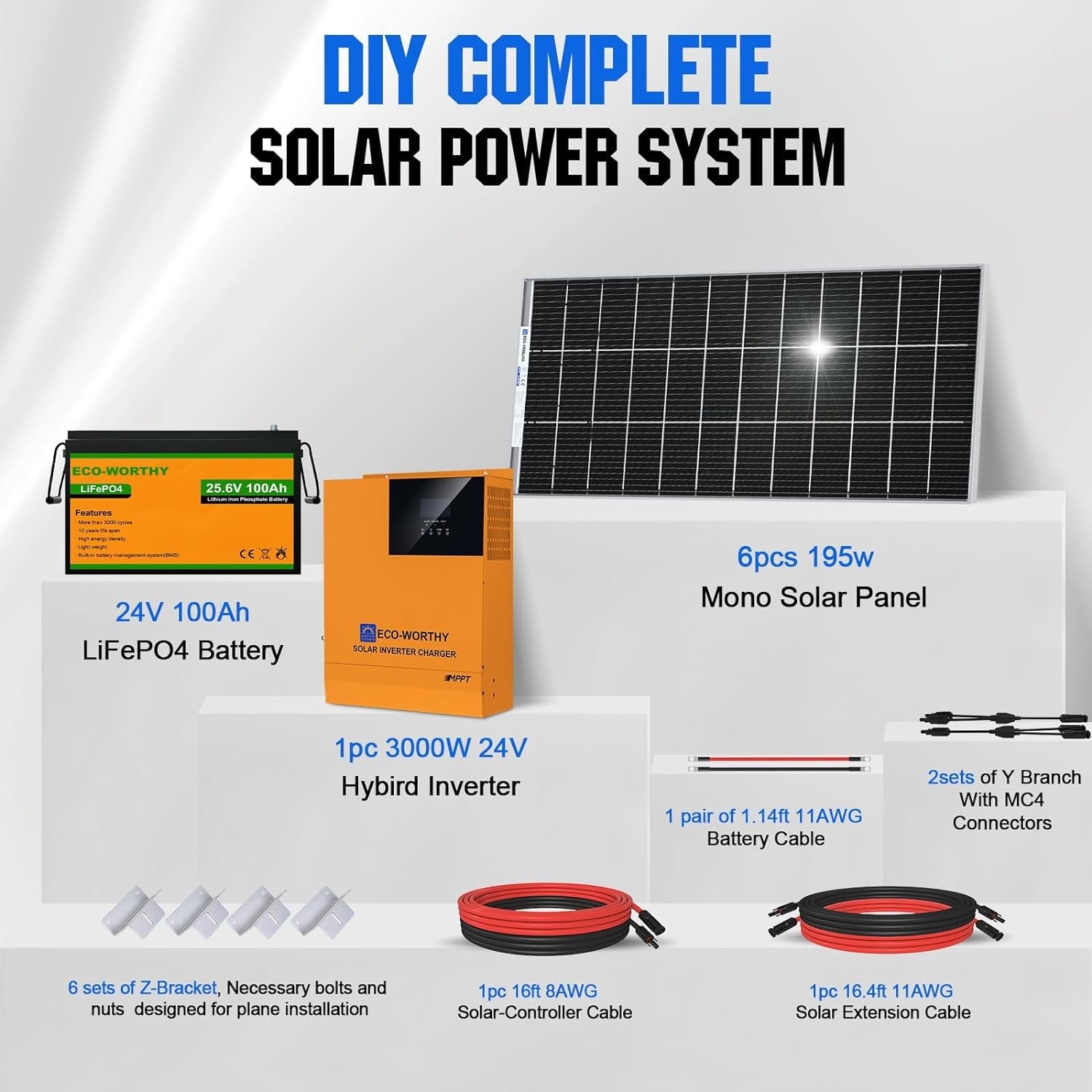 4.8KWH Solar Power Complete Kit 1200W 24V with Lithium Battery and Inverter for Home: 6Pcs 195W Bifacial Solar Panel + 1Pc 25.6V 100Ah Li-Battery + 3000W MPPT Hybrid Charger Inverter