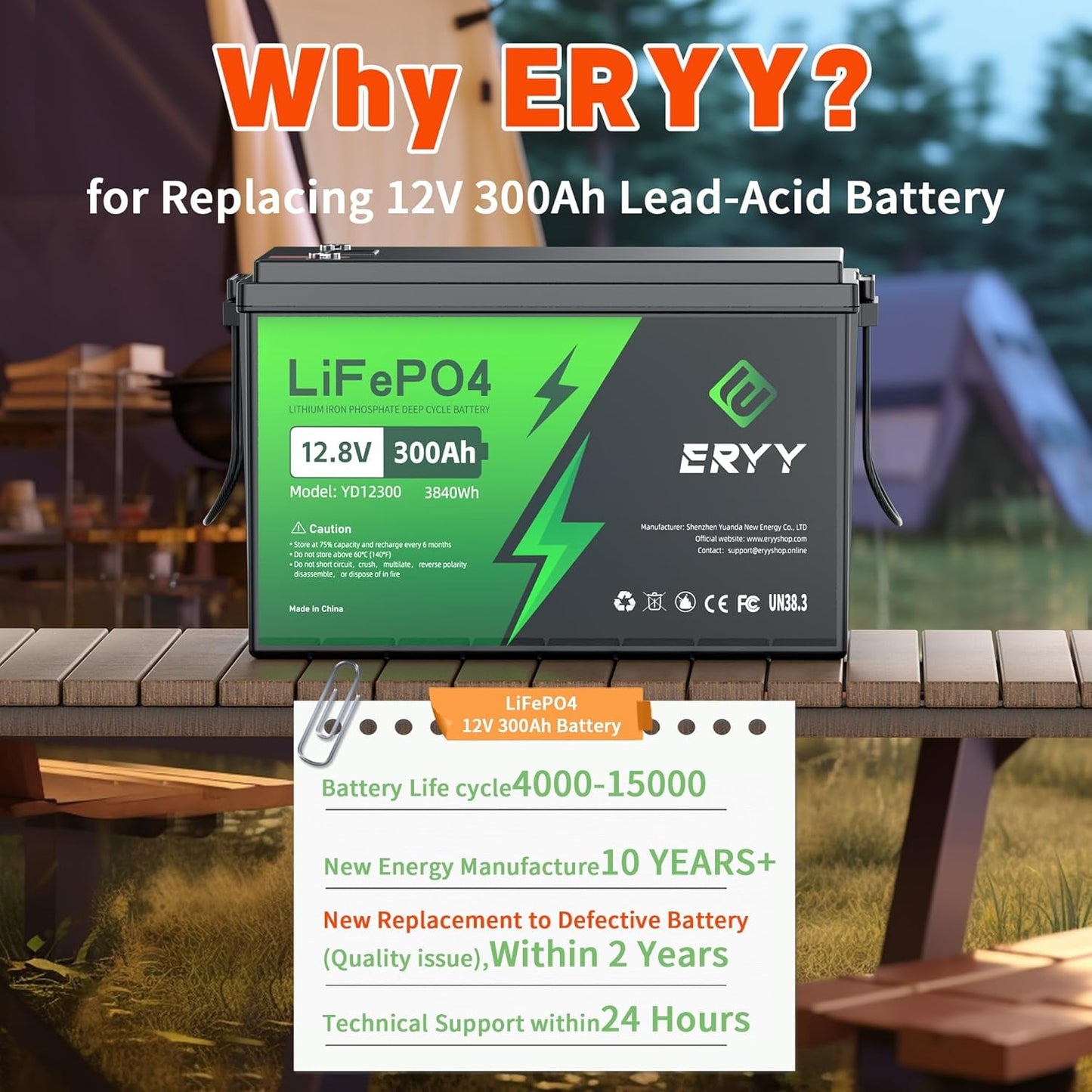 12V 300Ah Lifepo4 Lithium Battery, 3840Wh Deep Cycle Battery, 200A BMS, Max 15000 Cycles, Perfect for RV, Golf Carts, Camping, Solar Energy Storage, Off-Grid, Fishing Trolling Motor, Boat, Marine
