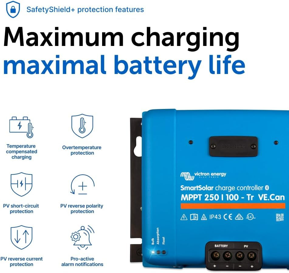 Smartsolar MPPT Tr Ve.Can Solar Charge Controller (Bluetooth) - Charge Controllers for Solar Panels -250V, 100 Amp, 12/24/36/48-Volt