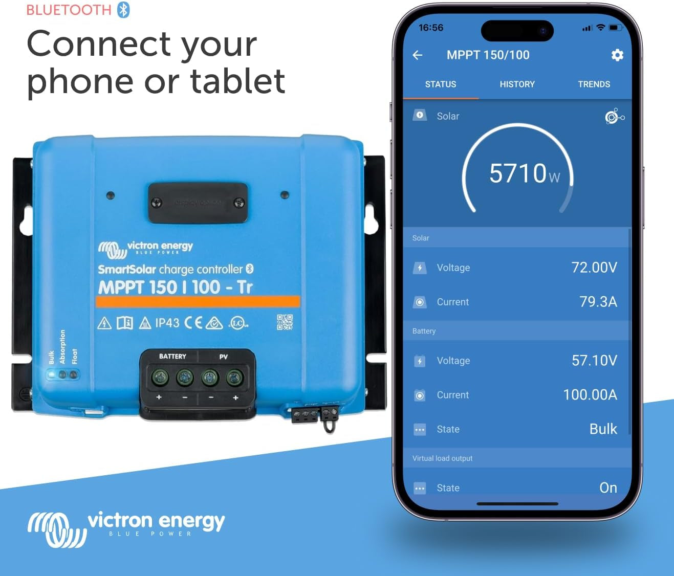Smartsolar MPPT Tr Solar Charge Controller (Bluetooth) - Charge Controllers for Solar Panels - 150V, 100 Amp, 12/24/36/48-Volt