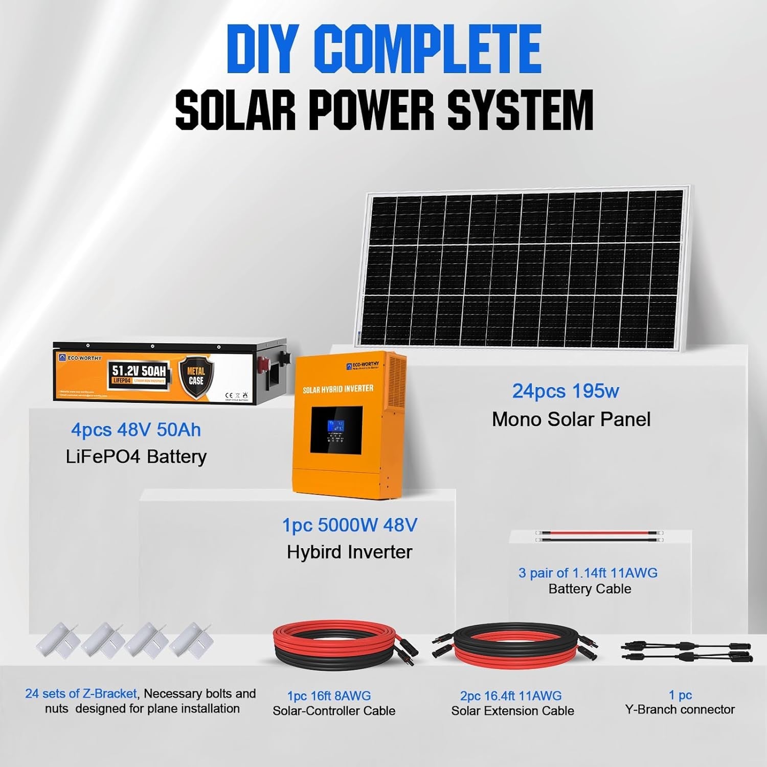 18.7KWH 4680W 48V Solar Power Complete Kit for Home Shed: 24Pcs 195W Mono Solar Panel + 1Pc 5000W 48V Hybrid MPPT Solar Charge Inverter + 4Pcs 48V 50AH Lithium Battery(10Kwh) +Z-Bracket