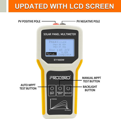 Upgrade Solar Panel Tester Photovoltaic Multimeter Upgrade EY1600W with Ultra Clear LCD, Smart MPPT Open Circuit Voltage Troubleshooting Utility Tool for Solar PV Testing (LCD 1600W)