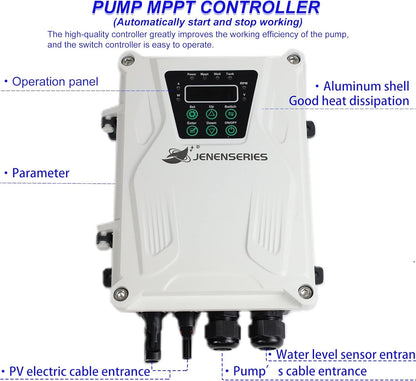 Pump 500W DC 48V Solar Water Pumps, Max Head 393Ft,7.9Gpm Flow，3 Inch Solar Deep Well Submersible Pumps with MPPT Controller Float Switch Kits for Home or Farm