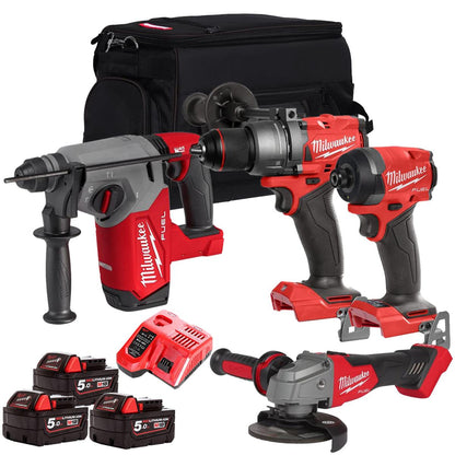 Milwaukee 18V Brushless 4 Piece Combo Kit with 3 x 5.0Ah Batteries & Charger M18T4TKIT-4689