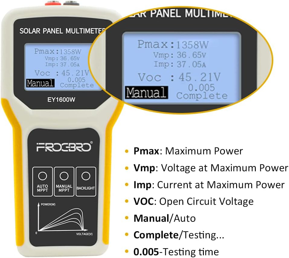 Upgrade Solar Panel Tester Photovoltaic Multimeter Upgrade EY1600W with Ultra Clear LCD, Smart MPPT Open Circuit Voltage Troubleshooting Utility Tool for Solar PV Testing (LCD 1600W)