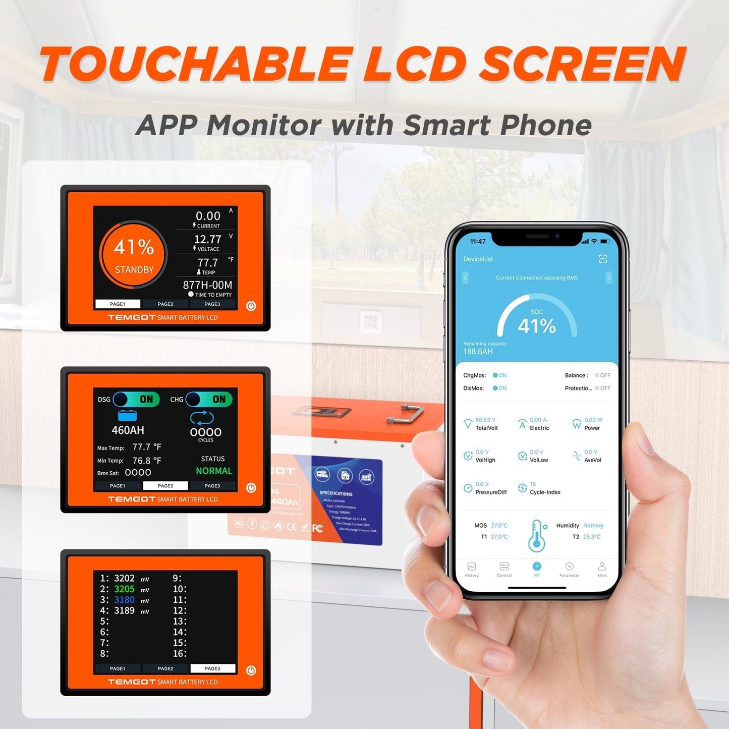 12V 460Ah Lifepo4 Lithium Battery with Touchable Screen, APP Monitoring, Built-In 250A BMS, Max. 3200W Load Power, 5880Wh Usable Energy, 5000+ Cycles, Perfect for Rv/Camper, Solar, and Off-Grid.