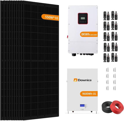 5500W Hybrid Solar System Complete Kit with 48V 200Ah Lifepo4 Battery Wall Mount 9600Wh, 550W Solar Panels 10PCS Bificial 8KW Split Phase Inverter with MPPT Controller 120V/240V - UL