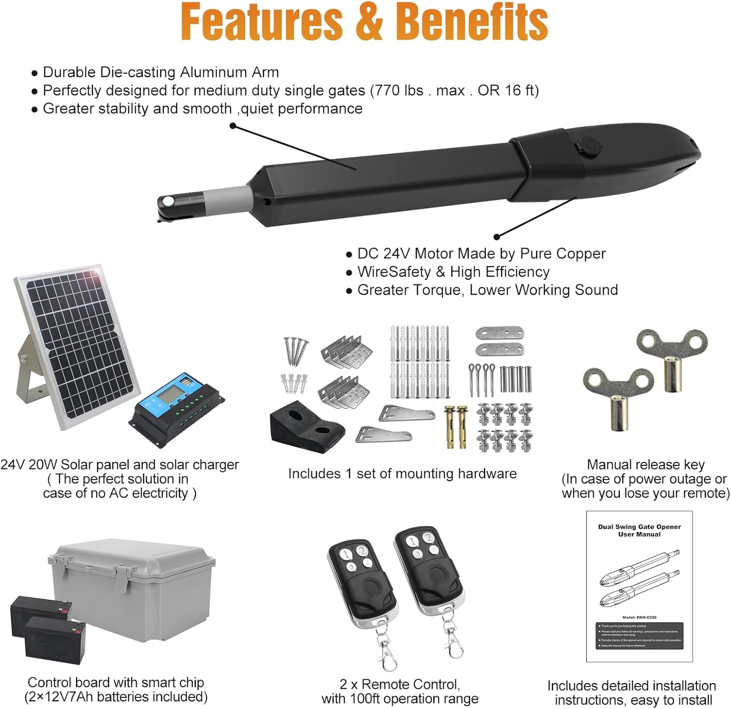 C026 Solar Gate Opener with Batteries & Solar Panel for Dual Swing Gates up to 1540Lb Automatic Gate Opener with Remote Complete Kit Medium Duty Electric Gate Opener Solar Powered 60W Motor