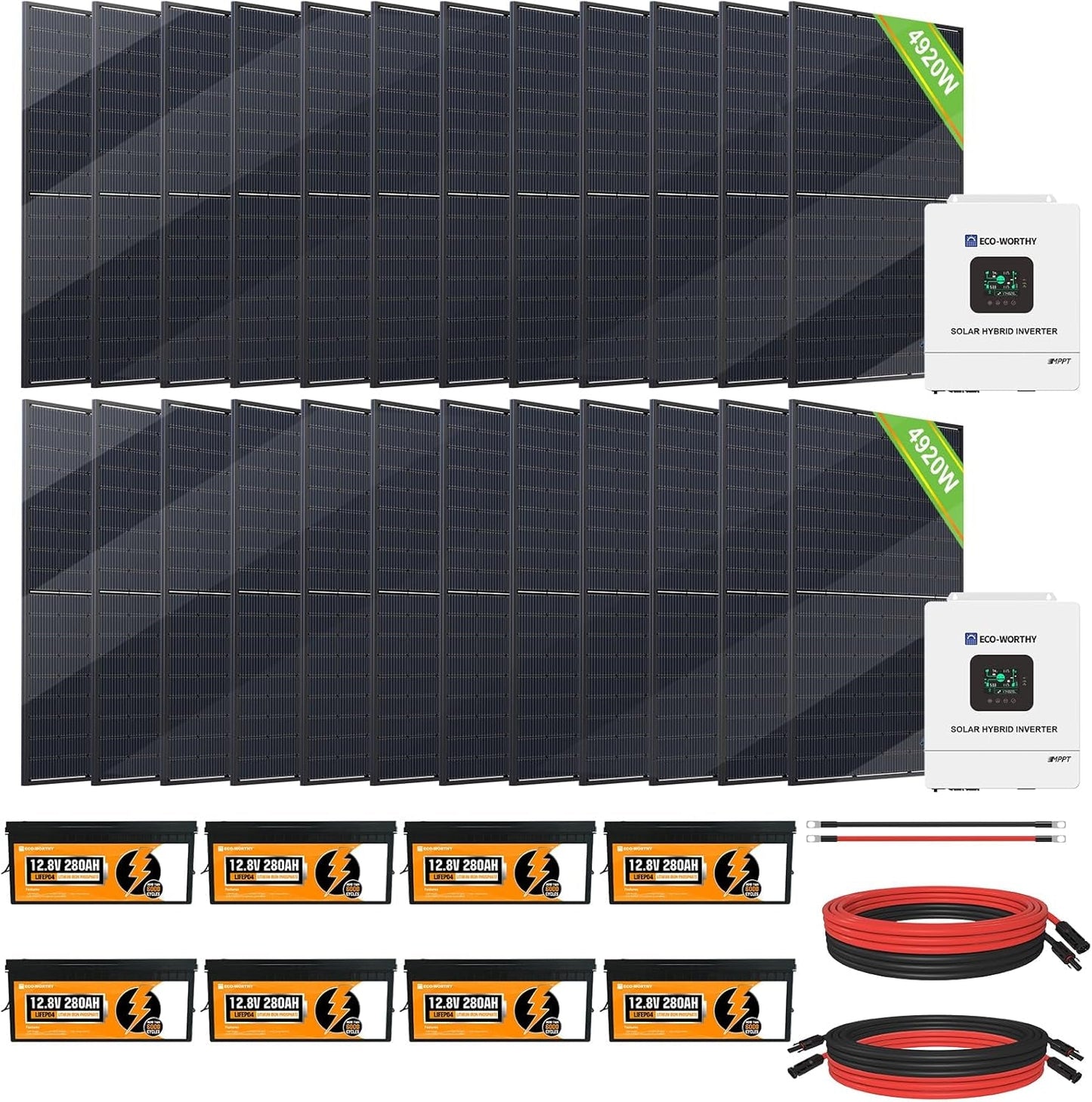 10KW Home Off-Grid Solar Power System: 10KW 120V/240V Output Inverter （2 * 5000W）+ 40Kwh 9840W Solar Panel (12 * 410W)+ 28.67Kwh Lithium Battery Bank (8 * 280Ah)，Complete Hybrid Solar Kit