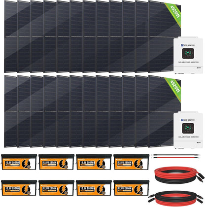 10KW Home Off-Grid Solar Power System: 10KW 120V/240V Output Inverter （2 * 5000W）+ 40Kwh 9840W Solar Panel (12 * 410W)+ 28.67Kwh Lithium Battery Bank (8 * 280Ah)，Complete Hybrid Solar Kit