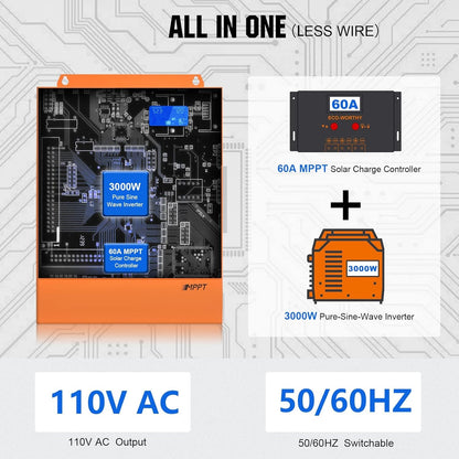 4.8KWH Solar Power Complete Kit 1200W 24V with Lithium Battery and Inverter for Home: 6Pcs 195W Bifacial Solar Panel + 1Pc 25.6V 100Ah Li-Battery + 3000W MPPT Hybrid Charger Inverter