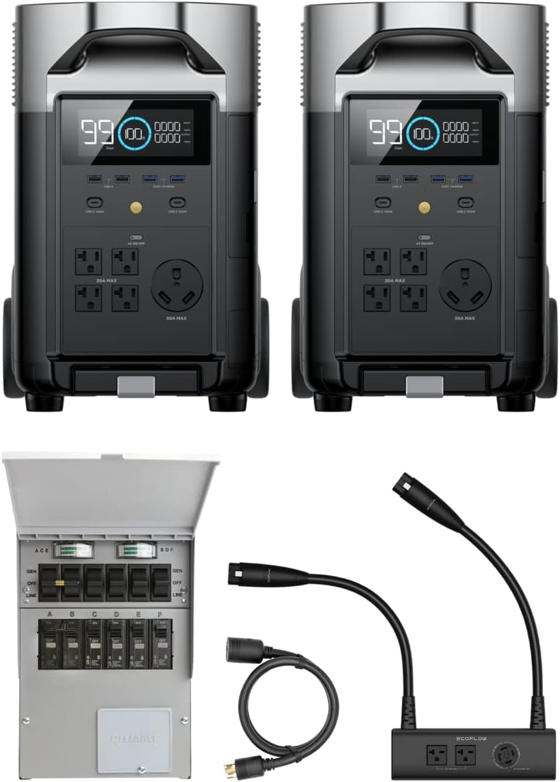 240V/7200Wh, 7200W Home Battery Backup Kit: 2 DELTA Pro with Double Voltage Hub with Transfer Switch, Lifepo4 Power Station, Electricity Generator for Home Use, Blackout, Emergency