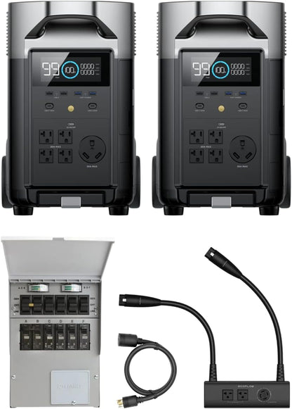 240V/7200Wh, 7200W Home Battery Backup Kit: 2 DELTA Pro with Double Voltage Hub with Transfer Switch, Lifepo4 Power Station, Electricity Generator for Home Use, Blackout, Emergency
