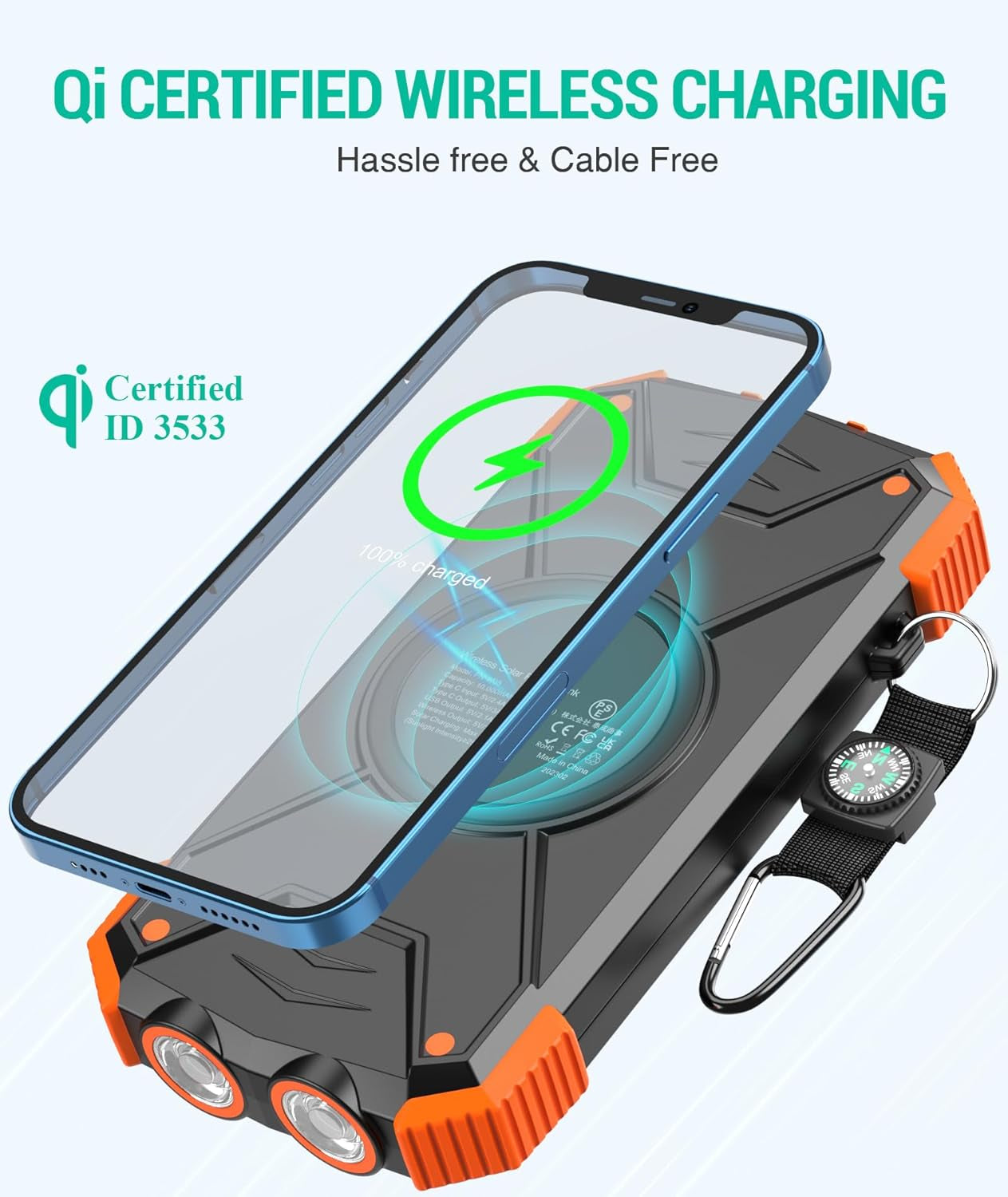 Solar Charger Power Bank, Real Rated 10,000Mah Portable Wireless Charger with USB C Input/Output for Cell Phones, External Battery Pack with Dual Flashlight for Camping