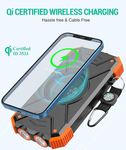 Solar Charger Power Bank, Real Rated 10,000Mah Portable Wireless Charger with USB C Input/Output for Cell Phones, External Battery Pack with Dual Flashlight for Camping