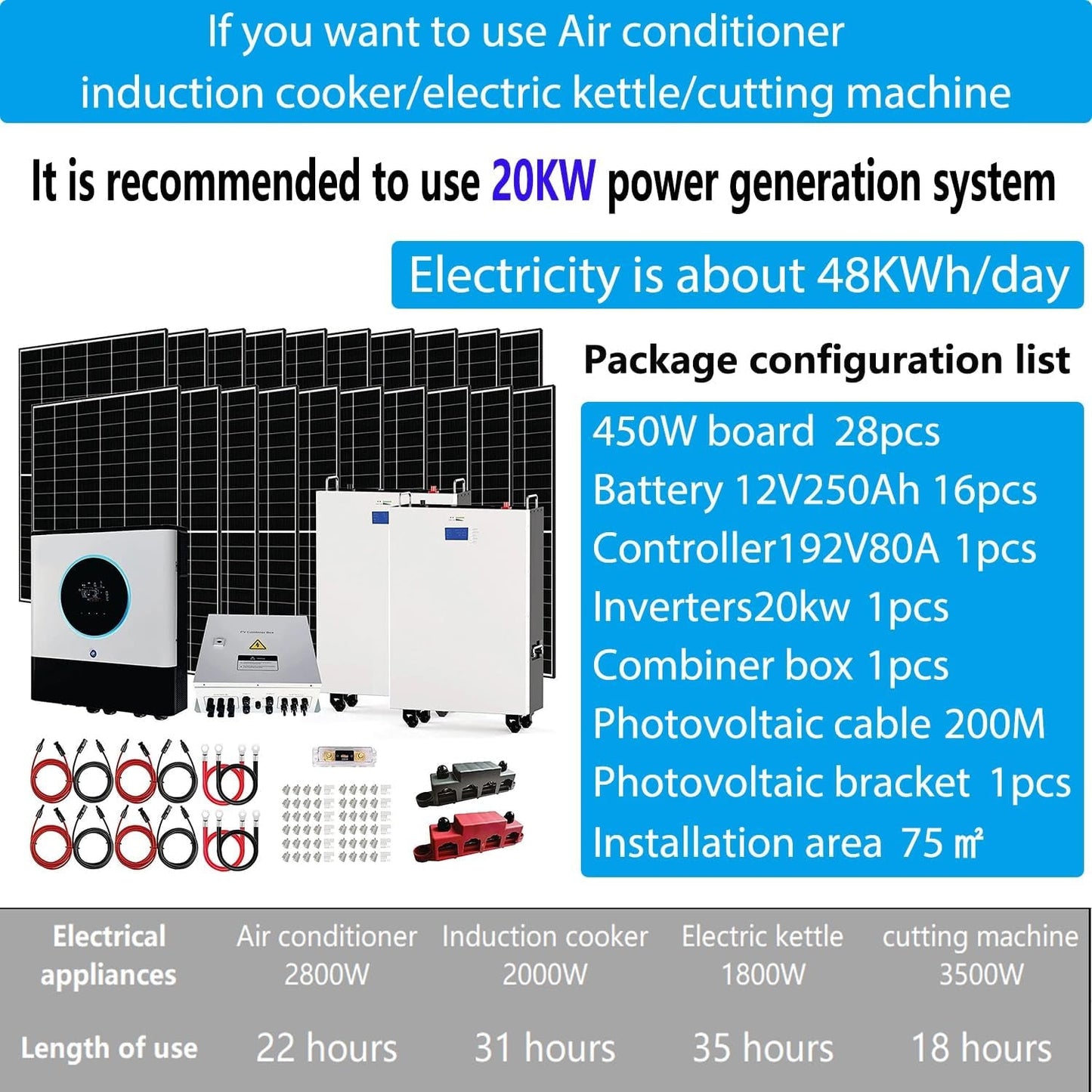 20KW off Grid Solar System Complete Kit,Home Solar Power System Complete Kit,28Pcs 450W Solar Panel(12600W) + 16Pcs 12V 250AH Lithium Battery(48Kw·H) + 120V~240V Output,20Kw Inverter