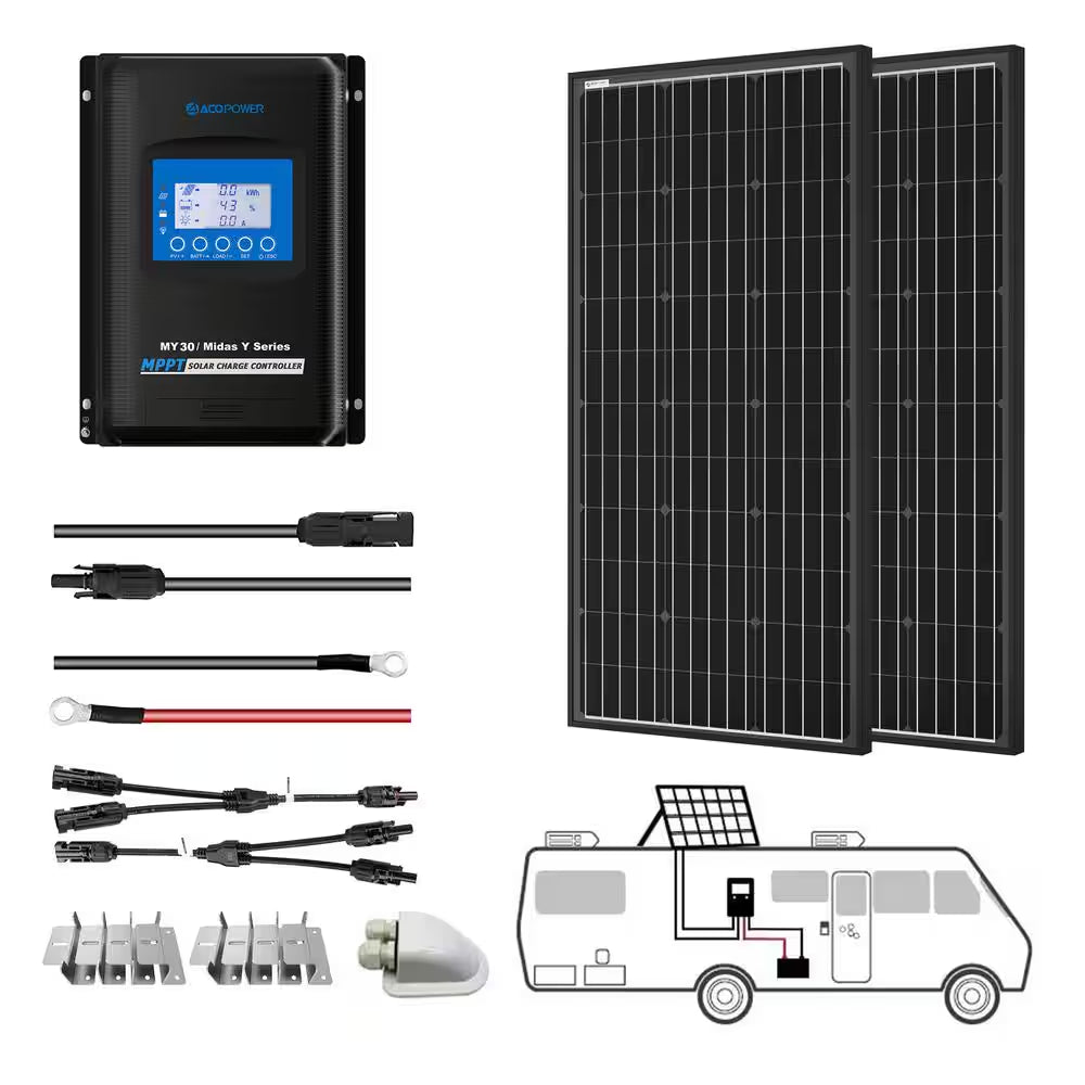 200-Watt Monocrystalline Offgrid Solar Power Kit with 2 X 100-Watt Solar Panel, 30 Amp MPPT Charge Controller