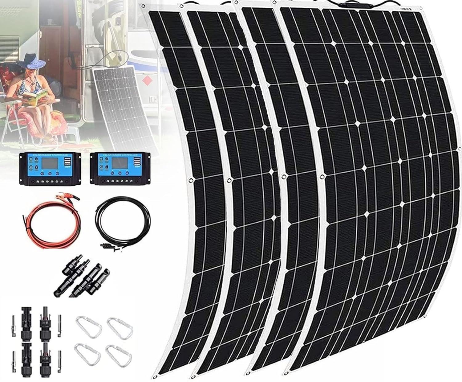 400W 600W 800W 1200W 18V Ultra Light Portable Solar Panel Module Kit,Flexible Solar Panel with Controller 40A,Monocrystalline Bendable Solar Battery Charger for Home Camper RV Boat and Car,4X300W