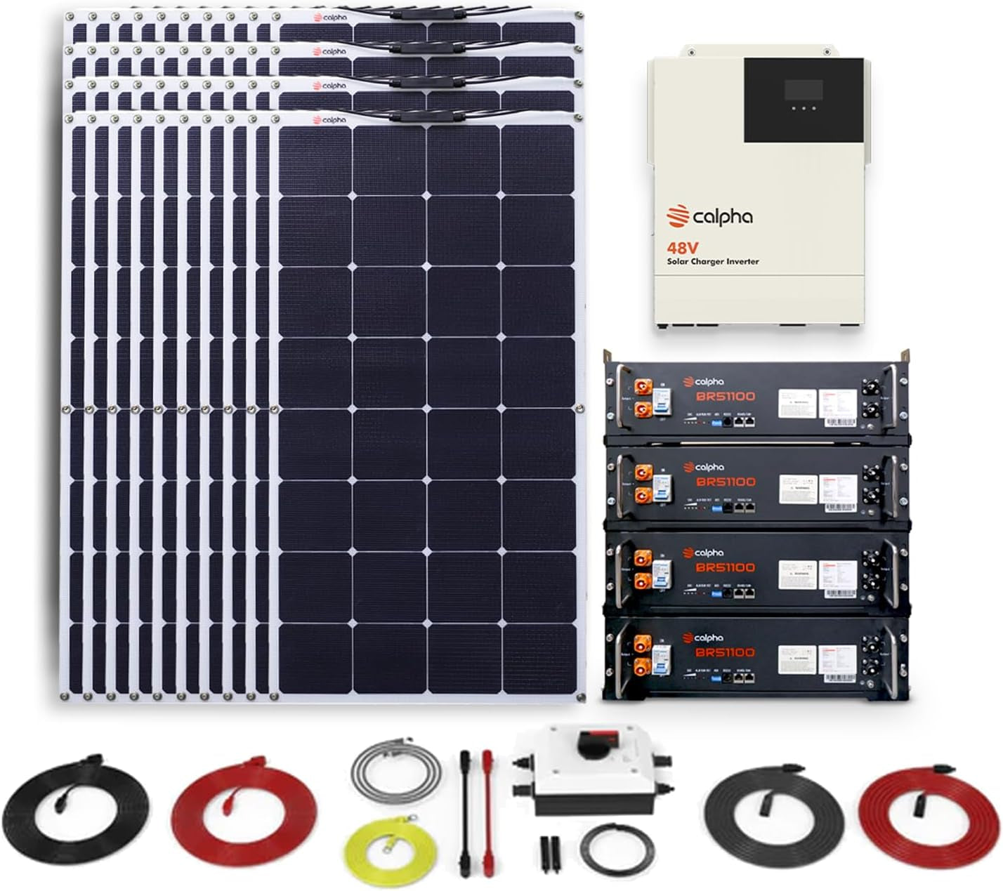 Calpha 4Kw 20.48Kwh Complete Solar Panel Kits: 4000W Flexible Panels + 4 * 51.2V 100Ah Lifepo4 Lithium Battery + 5Kw Integrated Solar Inverter + Accessories, 48V System - Floor-Standing