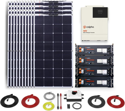 Calpha 4Kw 20.48Kwh Complete Solar Panel Kits: 4000W Flexible Panels + 4 * 51.2V 100Ah Lifepo4 Lithium Battery + 5Kw Integrated Solar Inverter + Accessories, 48V System - Floor-Standing