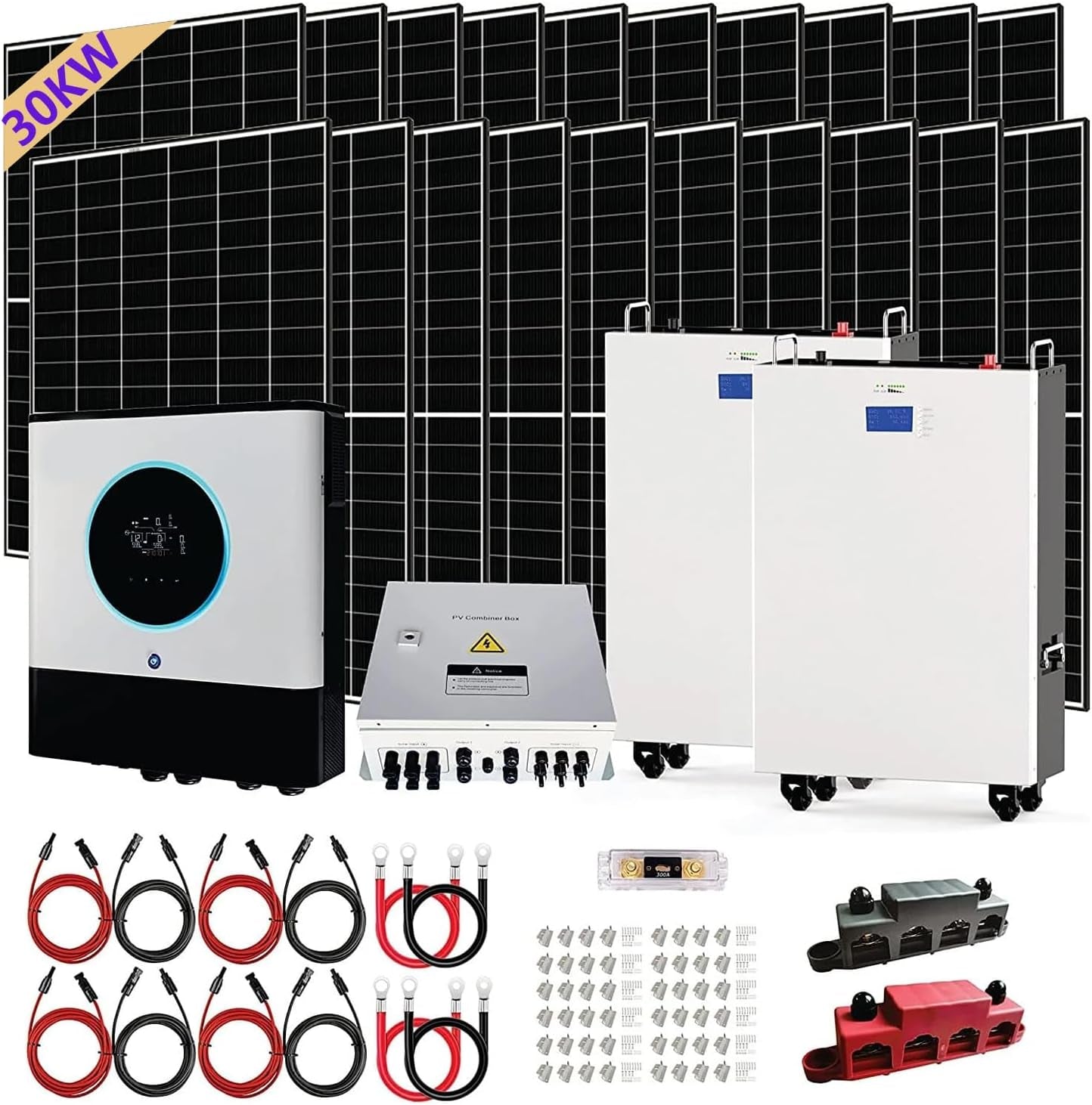 30KW off Grid Solar System Complete Kit,Home Solar Power System Complete Kit,45Pcs 450W Solar Panel(20250W) + 32Pcs 12V 250AH Lithium Battery(96Kw·H) + 120V~240V Output,30Kw Inverter