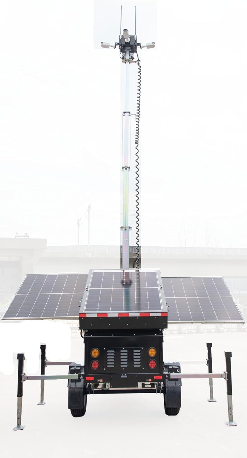 Mobile Solar Powered CCTV Tower with Hybrid System, 3X 435W Solar Panels, 6X150Ah GEL Batteries, Liquid-Propelled Trailer Mount
